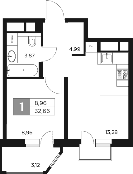 Планировка — Восток 2, 1-комн., 31 м²