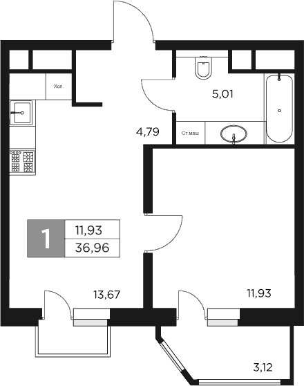 Планировка — Восток 2, 1-комн., 35 м²
