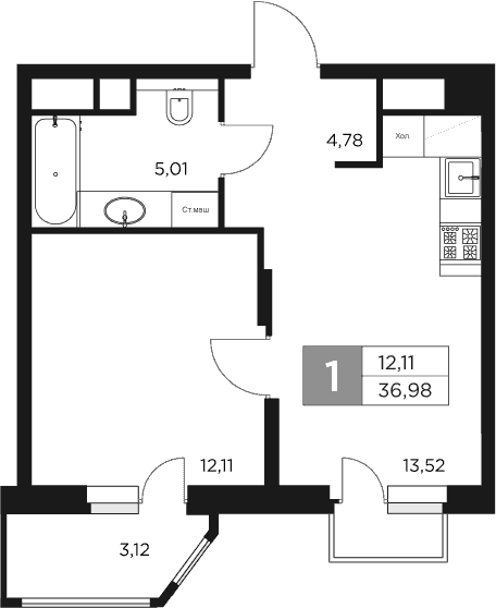 Планировка — Восток 2, 1-комн., 35 м²