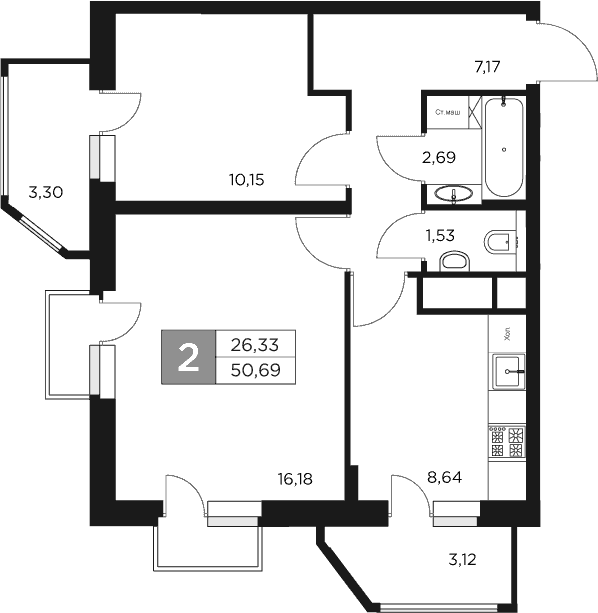 Планировка — Восток 2, 2-комн., 46 м²