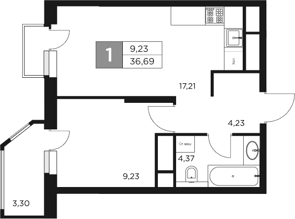 Планировка — Восток 2, 2-комн., 35 м²