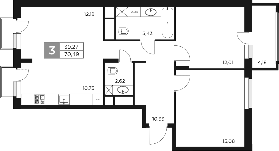 Планировка — Восток 2, 3-комн., 68 м²