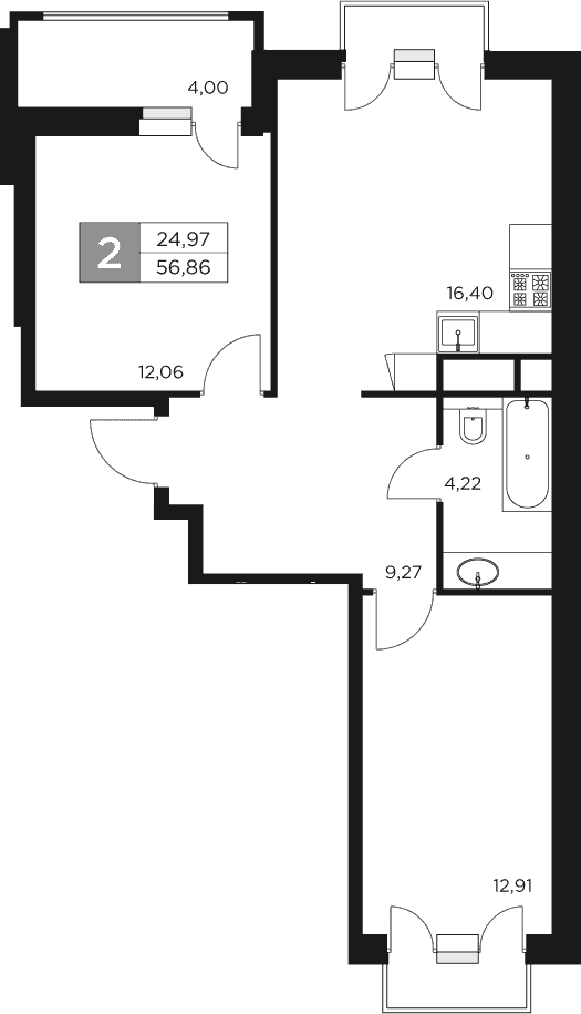 Планировка — Восток 2, 3-комн., 55 м²