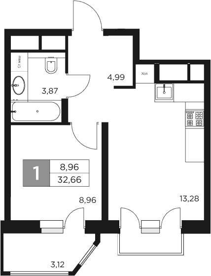 Планировка — Восток 2, 1-комн., 31 м²