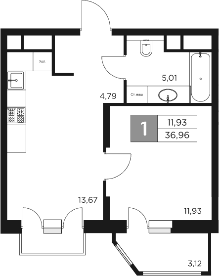 Планировка — Восток 2, 1-комн., 35 м²