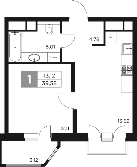Планировка — Восток 2, 1-комн., 35 м²