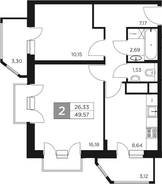 Планировка — Восток 2, 2-комн., 46 м²