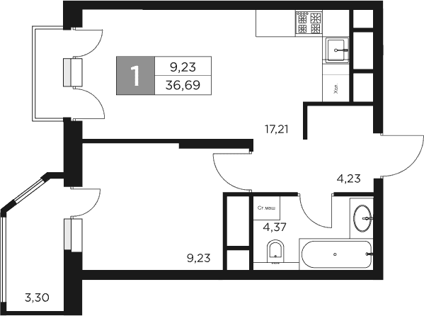 Планировка — Восток 2, 2-комн., 35 м²
