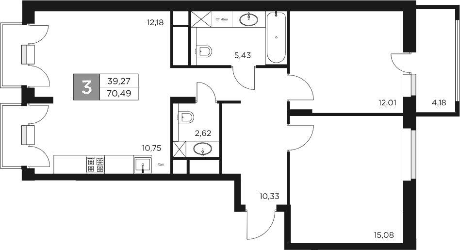 Планировка — Восток 2, 3-комн., 68 м²