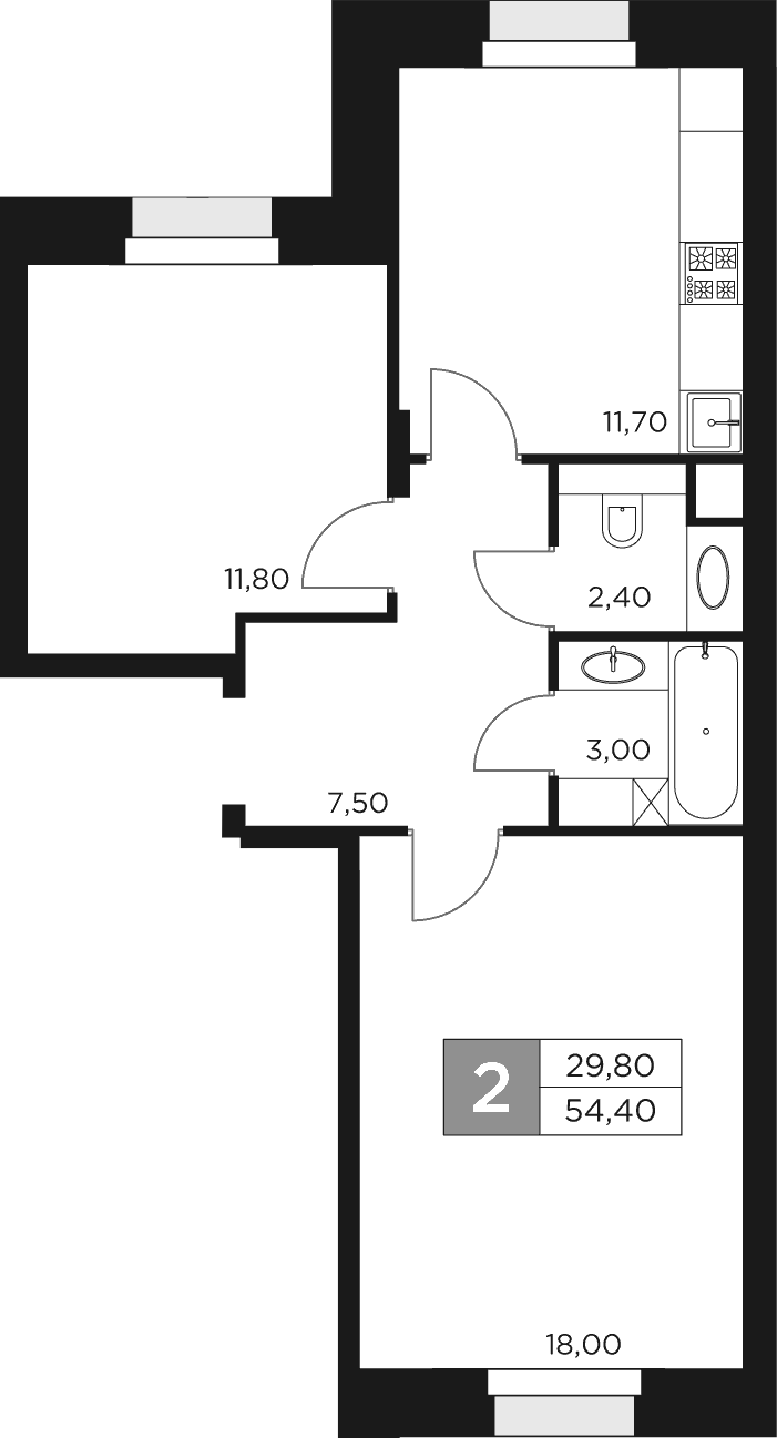 Планировка — Восток 2, 2-комн., 54 м²