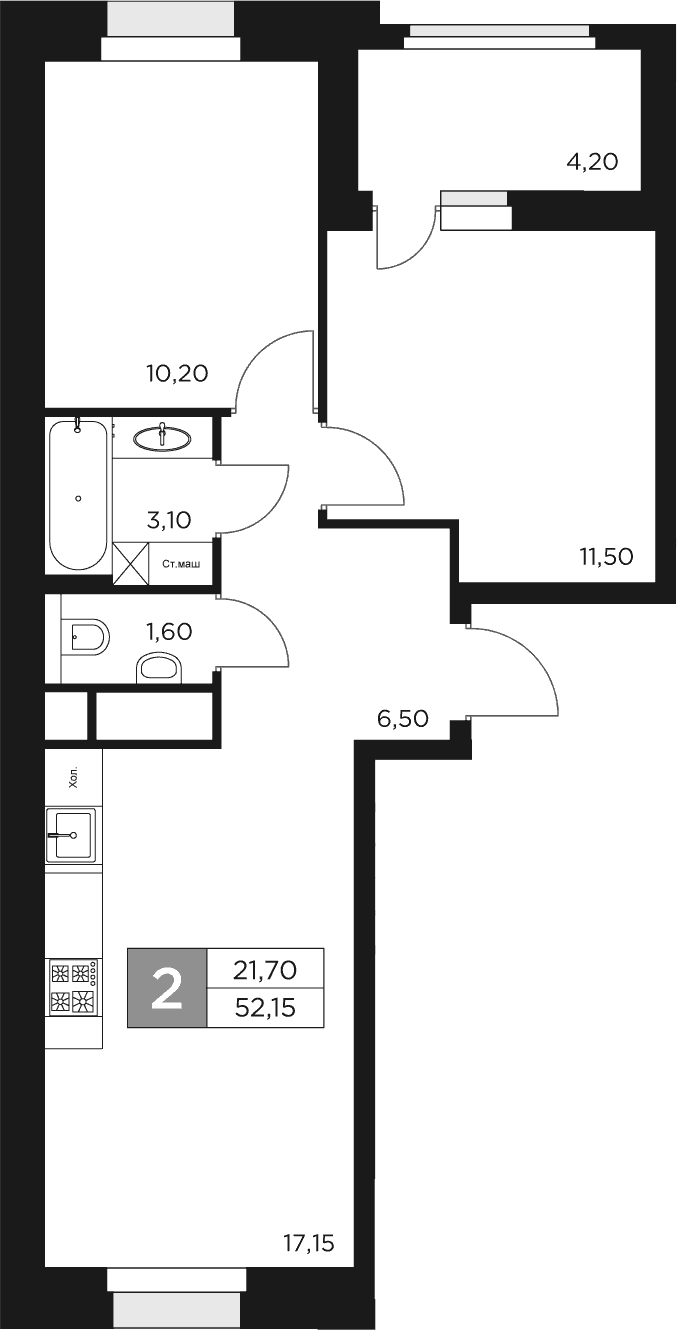 Планировка — Восток 2, 3-комн., 50 м²