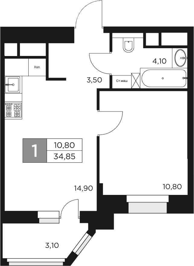 Планировка — Восток 2, 1-комн., 33 м²