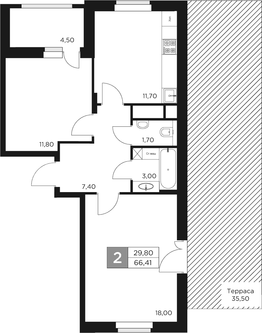 Планировка — Восток 2, 2-комн., 54 м²