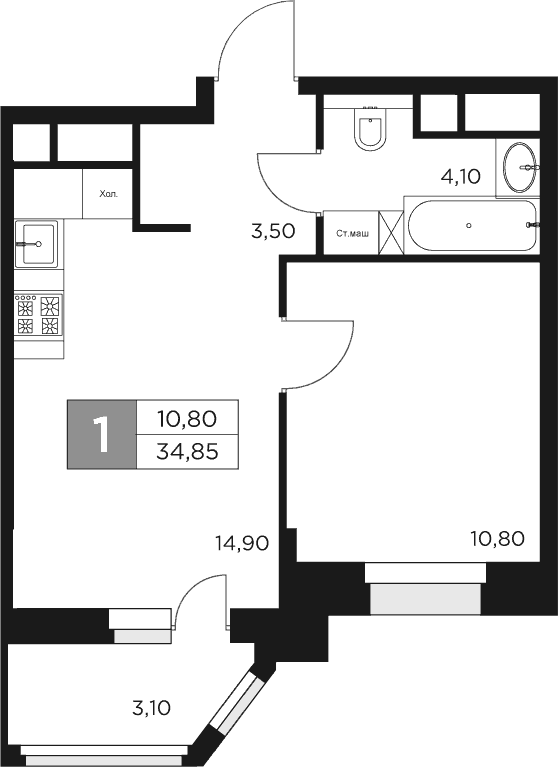 Планировка — Восток 2, 1-комн., 33 м²