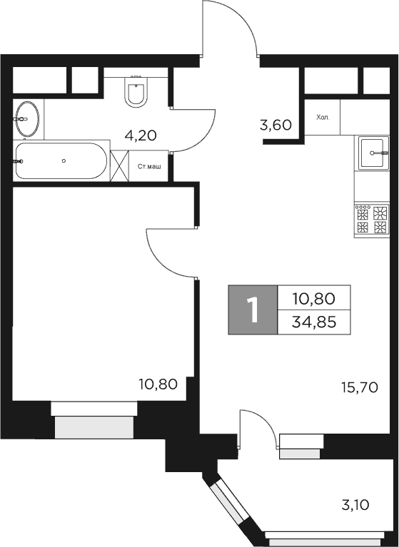 Планировка — Восток 2, 2-комн., 34 м²