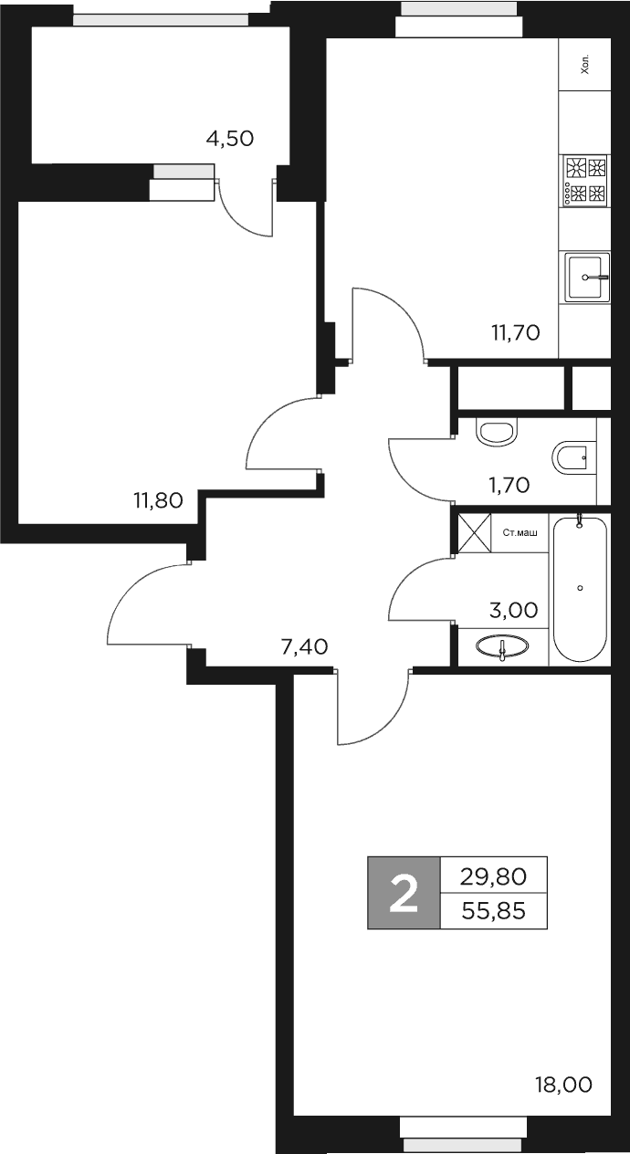 Планировка — Восток 2, 2-комн., 54 м²