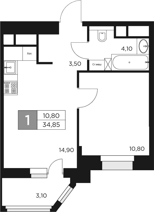 Планировка — Восток 2, 1-комн., 33 м²