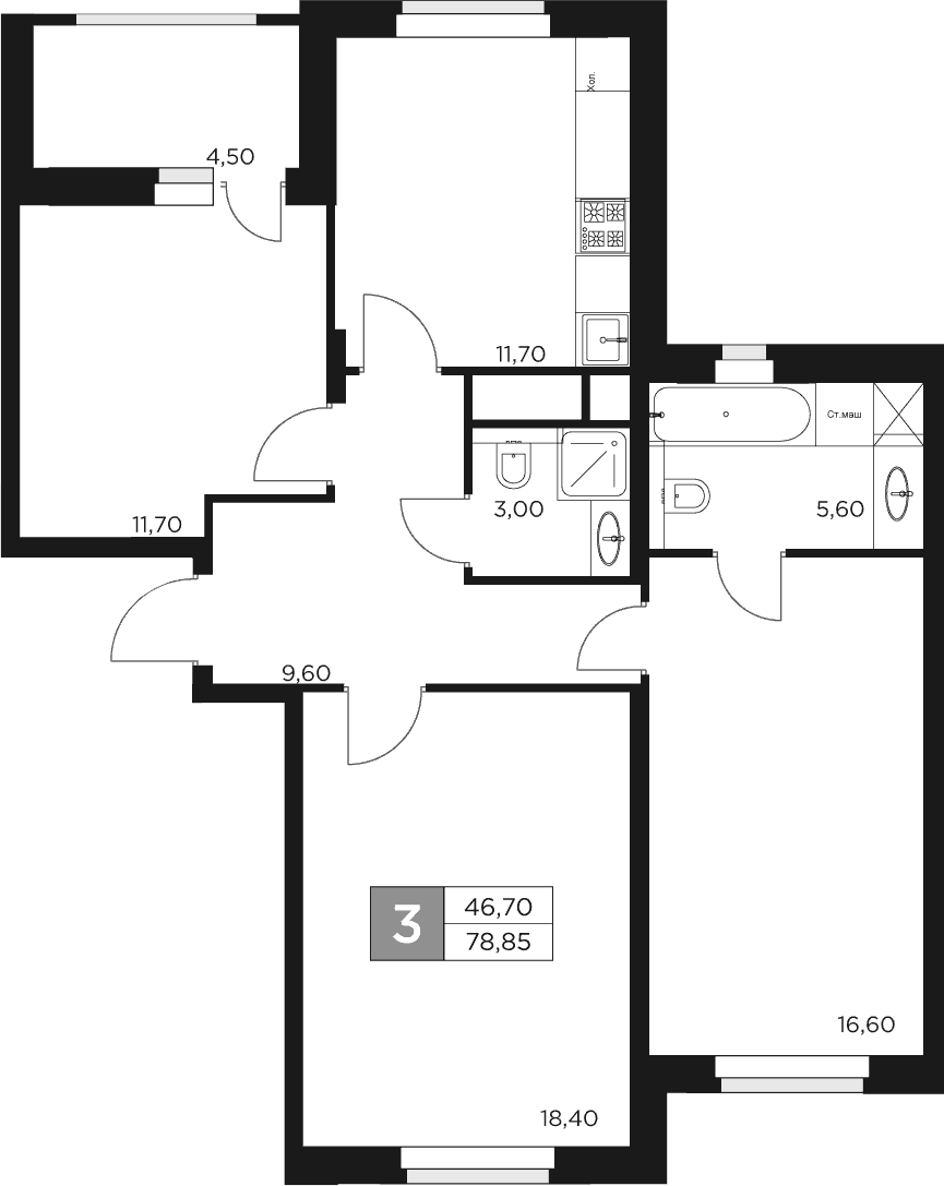 Планировка — Восток 2, 3-комн., 77 м²
