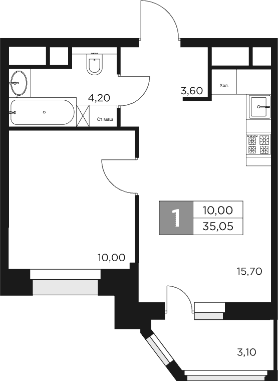 Планировка — Восток 2, 2-комн., 34 м²