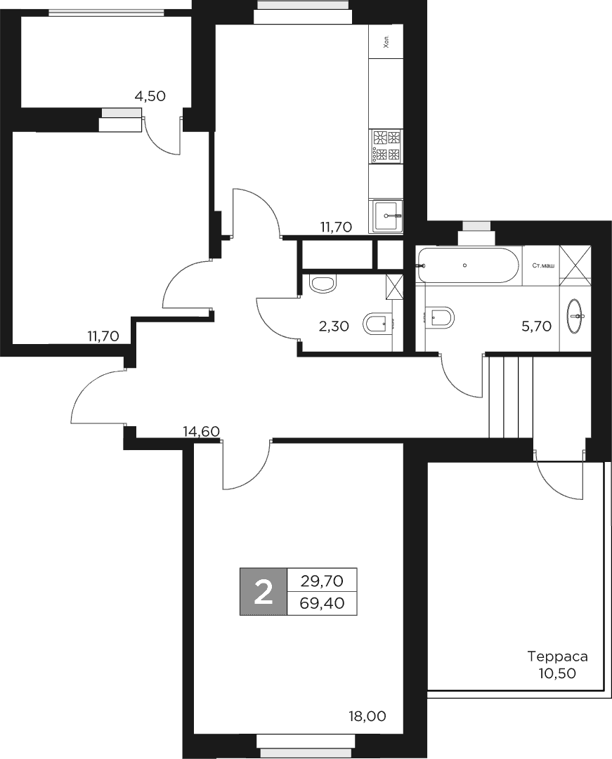Планировка — Восток 2, 2-комн., 64 м²