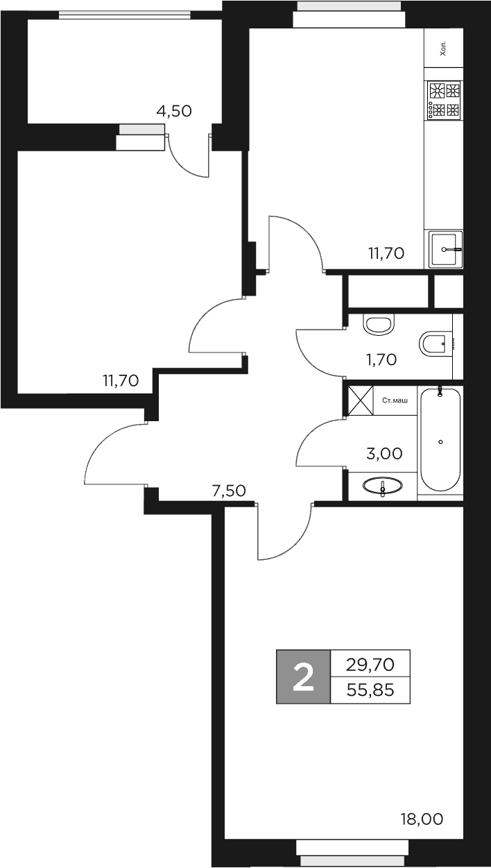 Планировка — Восток 2, 2-комн., 54 м²
