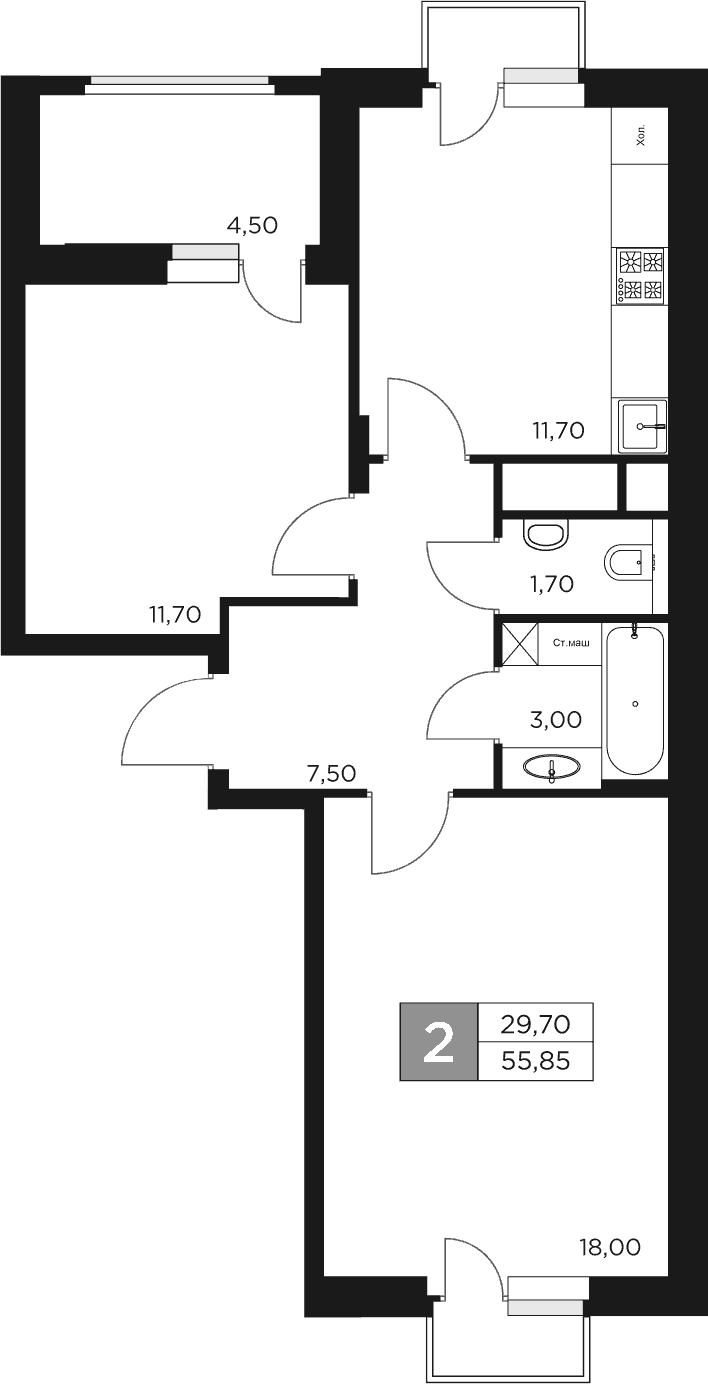 Планировка — Восток 2, 2-комн., 54 м²