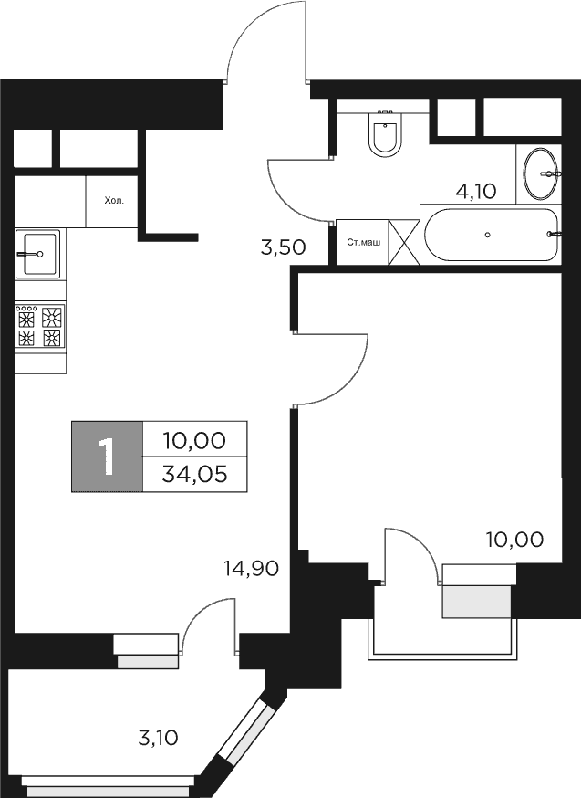 Планировка — Восток 2, 1-комн., 33 м²