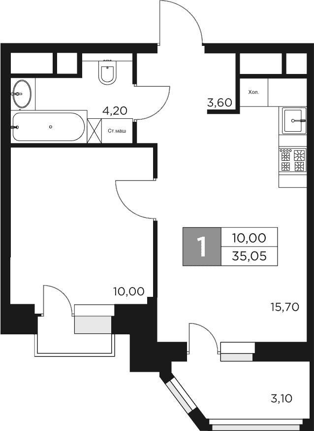 Планировка — Восток 2, 2-комн., 34 м²