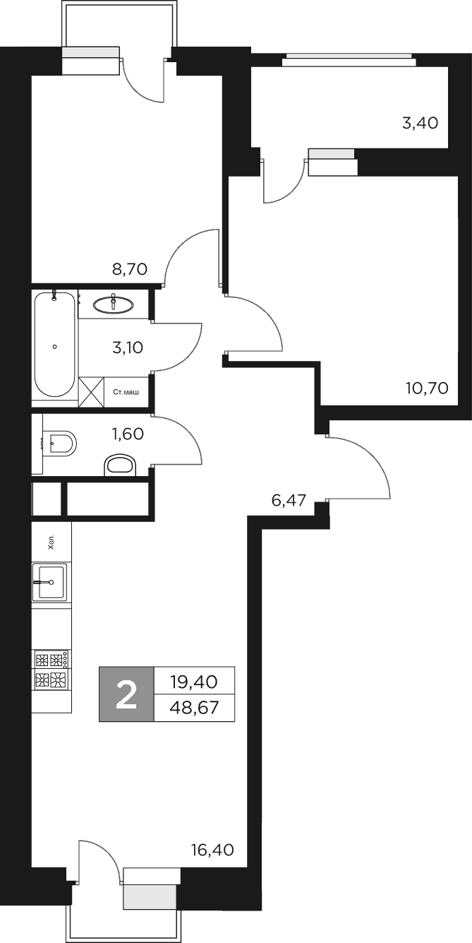 Планировка — Восток 2, 3-комн., 47 м²