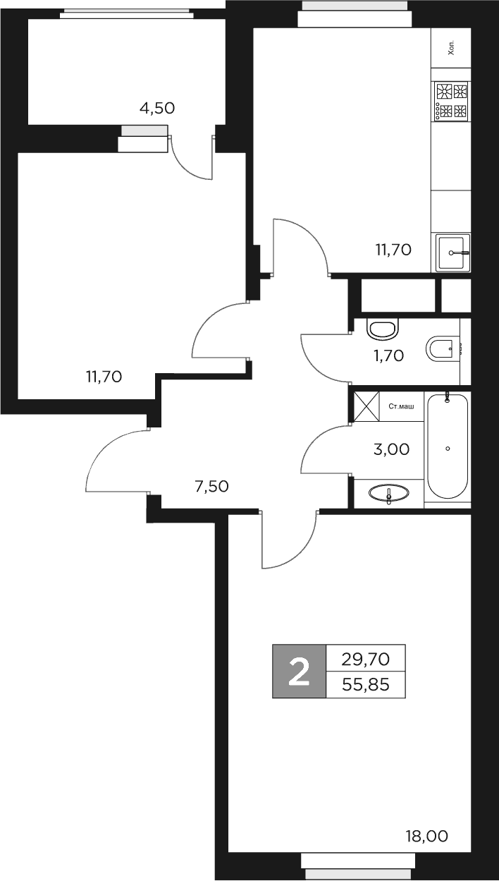 Планировка — Восток 2, 2-комн., 54 м²