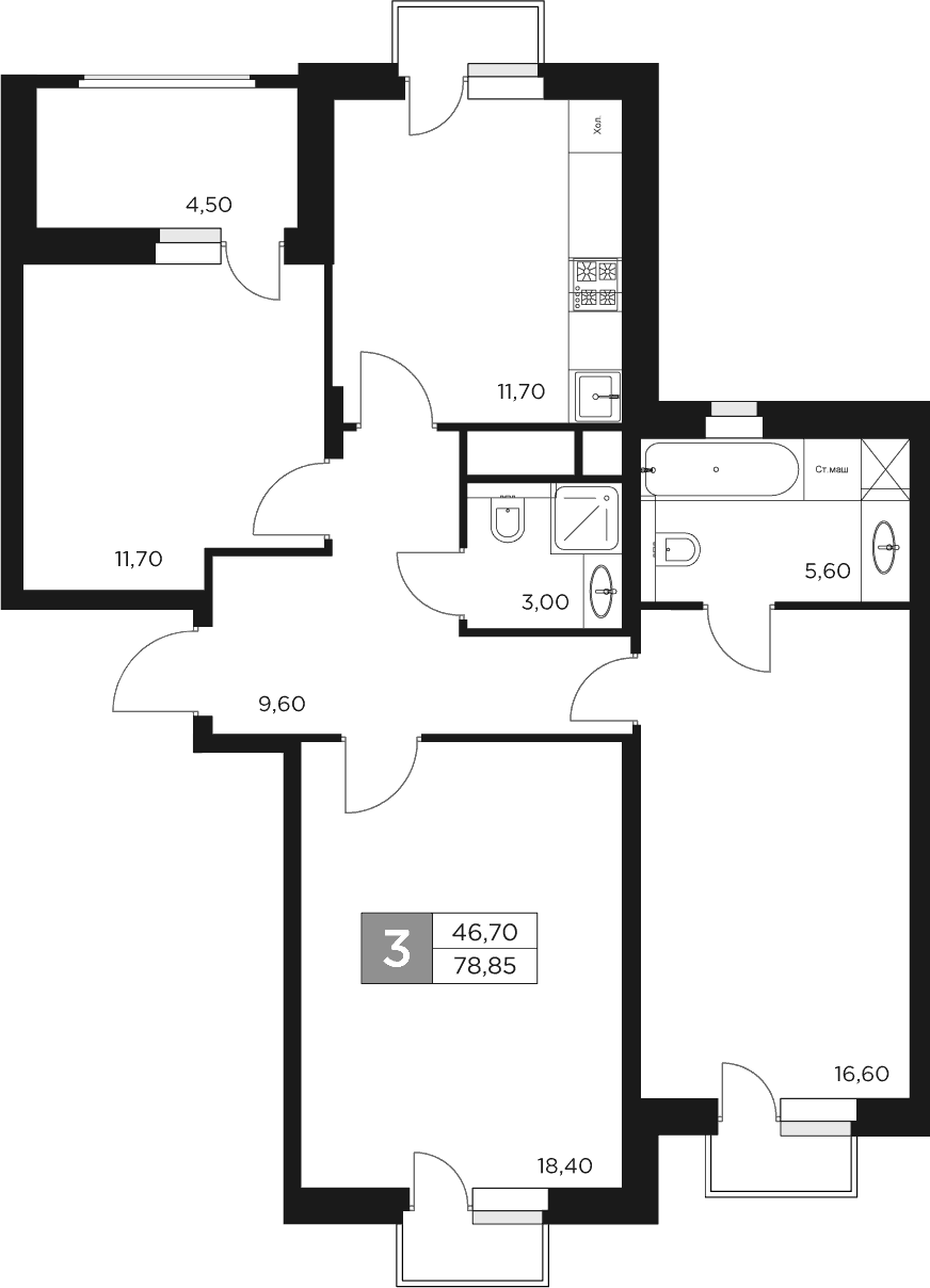 Планировка — Восток 2, 3-комн., 77 м²