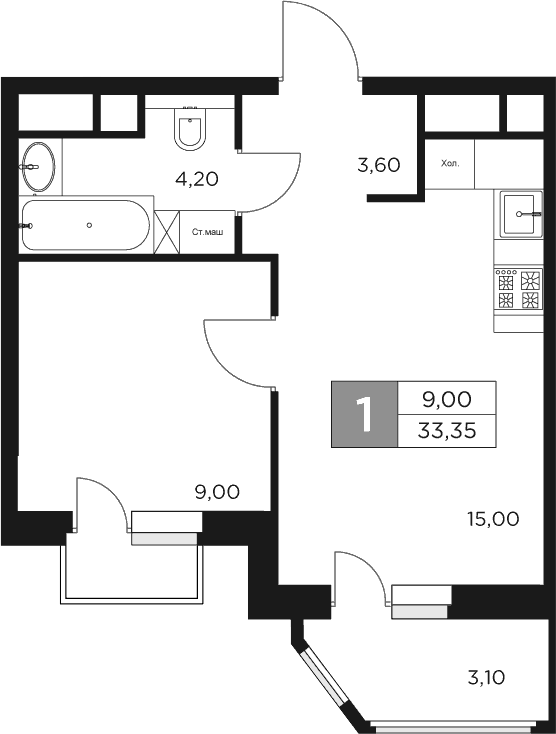 Планировка — Восток 2, 2-комн., 32 м²