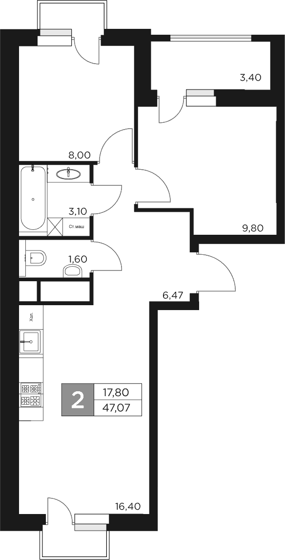 Планировка — Восток 2, 3-комн., 45 м²