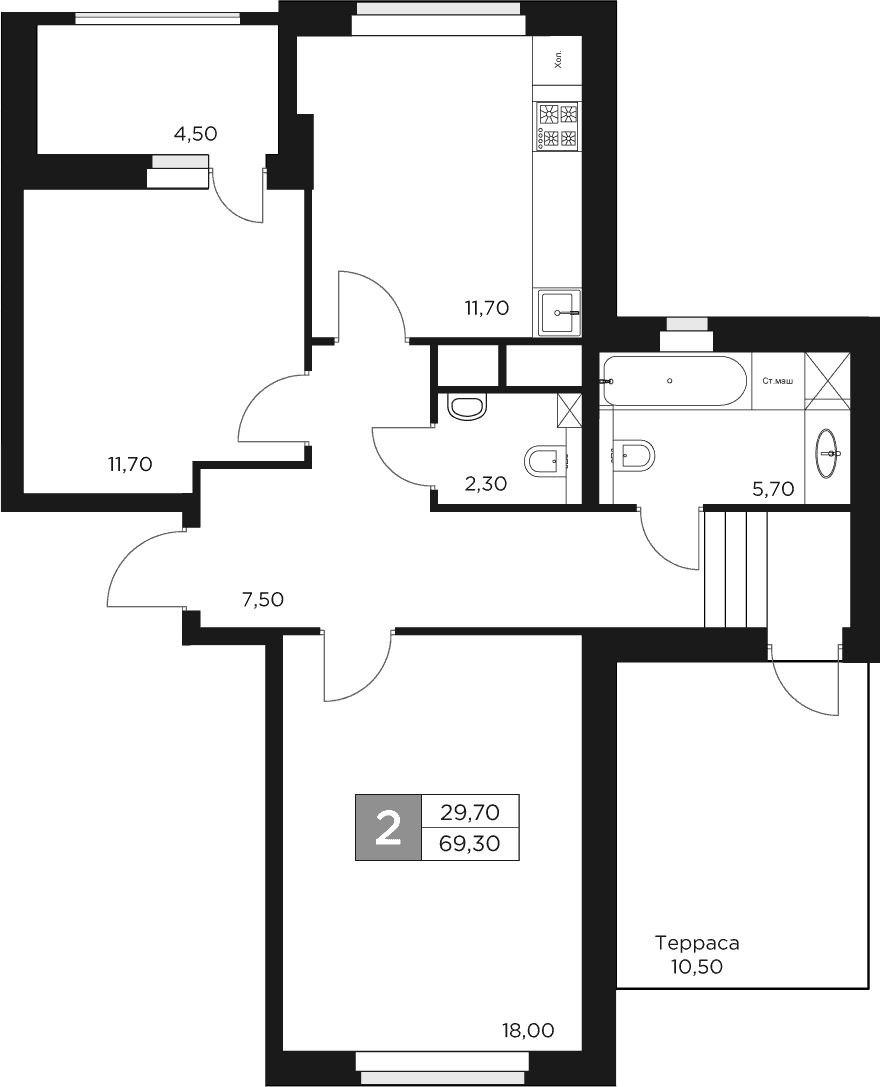Планировка — Восток 2, 2-комн., 57 м²