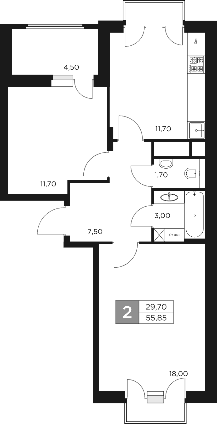 Планировка — Восток 2, 2-комн., 54 м²