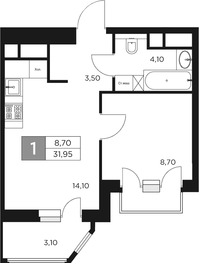 Планировка — Восток 2, 1-комн., 30 м²