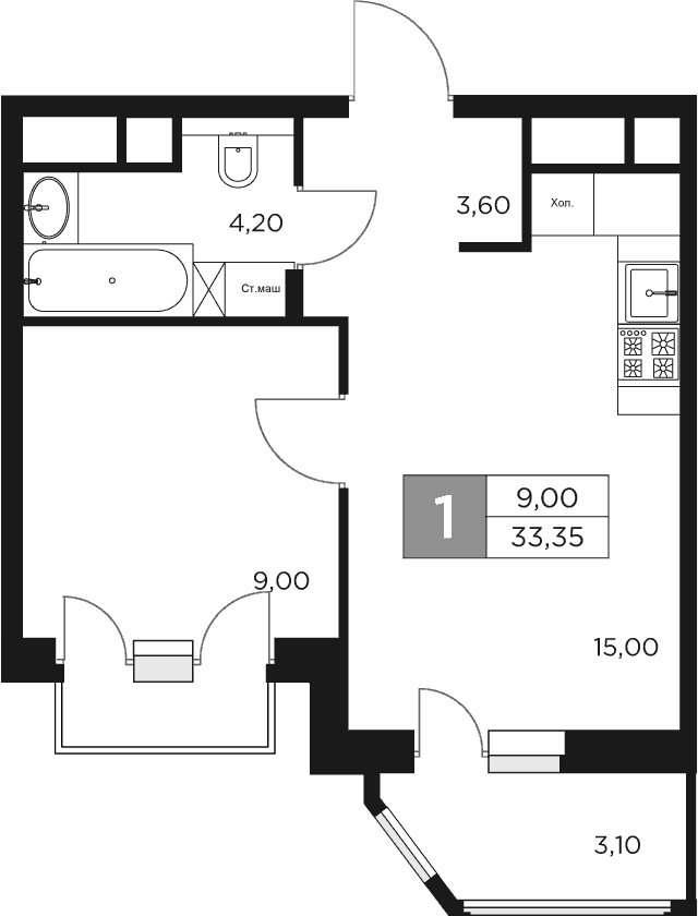 Планировка — Восток 2, 2-комн., 32 м²