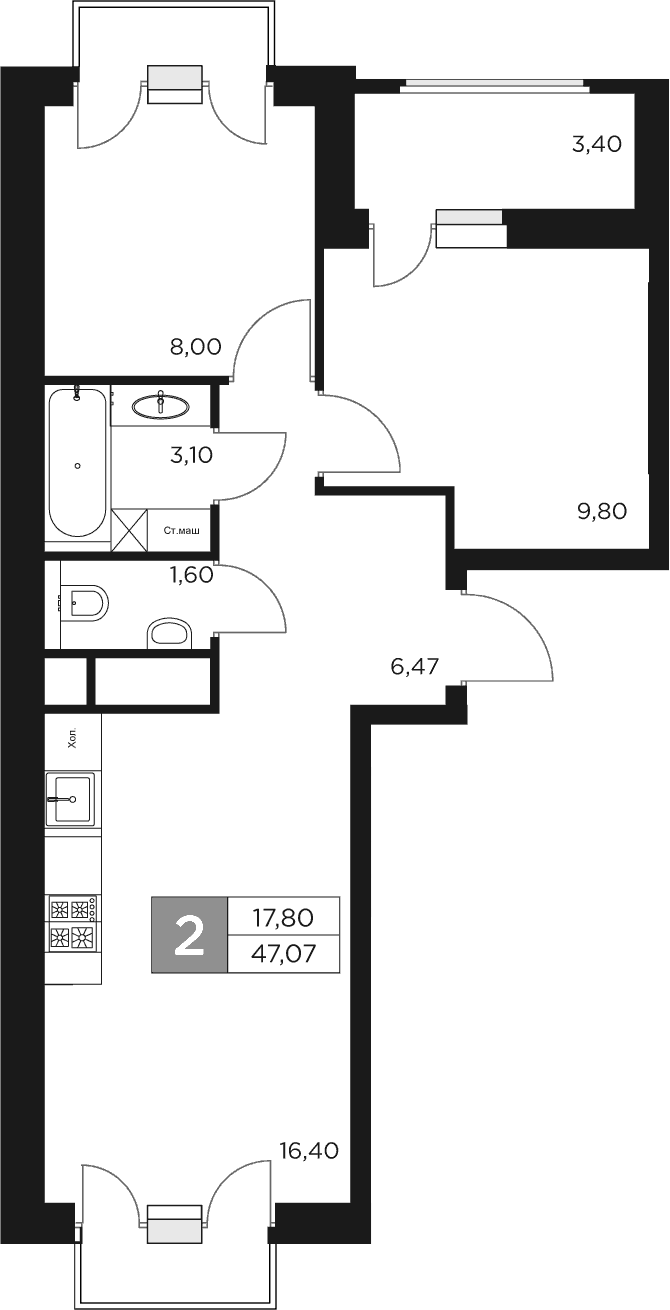 Планировка — Восток 2, 3-комн., 45 м²