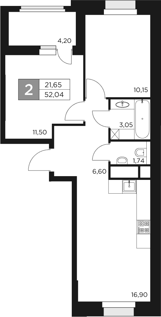 Планировка — Восток 2, 3-комн., 50 м²