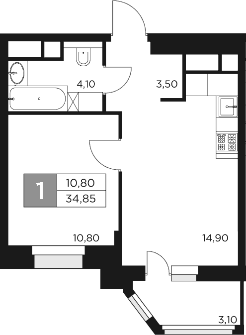 Планировка — Восток 2, 1-комн., 33 м²