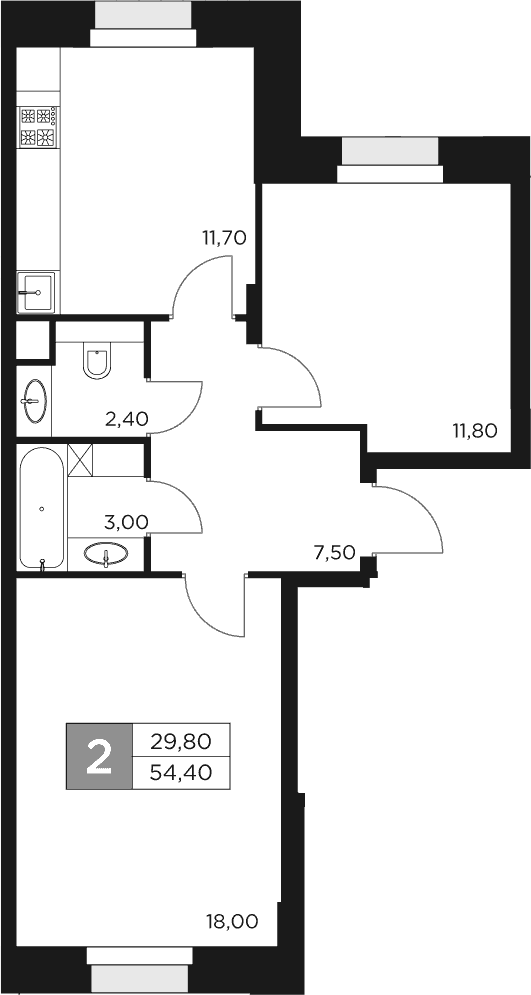 Планировка — Восток 2, 2-комн., 54 м²