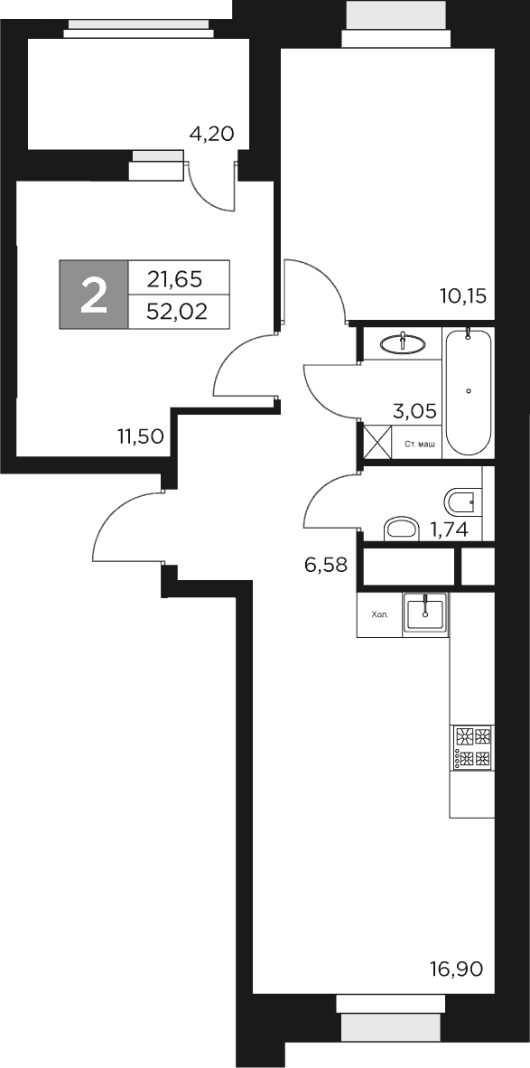 Планировка — Восток 2, 3-комн., 50 м²
