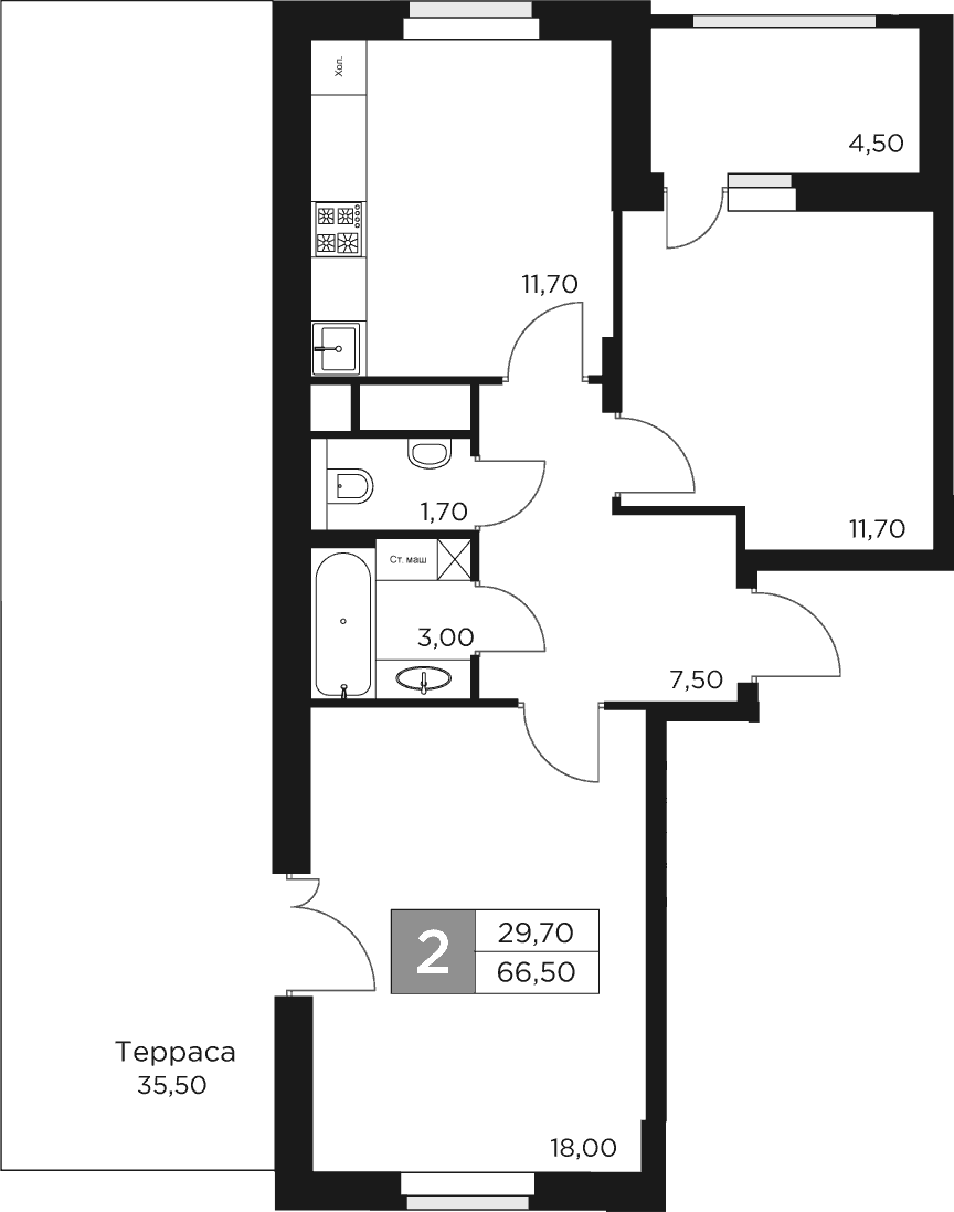 Планировка — Восток 2, 2-комн., 54 м²