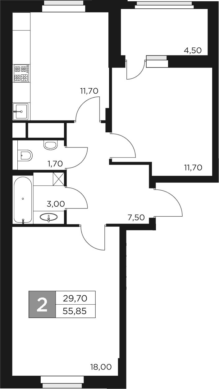 Планировка — Восток 2, 2-комн., 54 м²