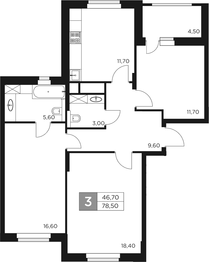 Планировка — Восток 2, 3-комн., 77 м²