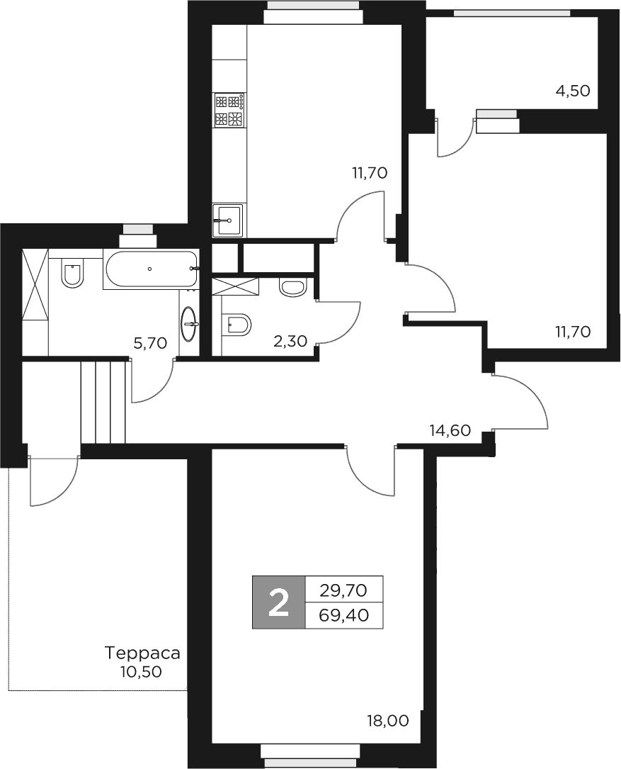 Планировка — Восток 2, 2-комн., 64 м²