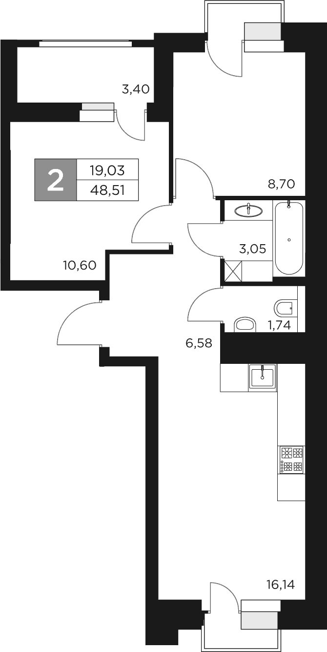 Планировка — Восток 2, 3-комн., 47 м²