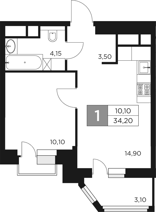 Планировка — Восток 2, 1-комн., 33 м²