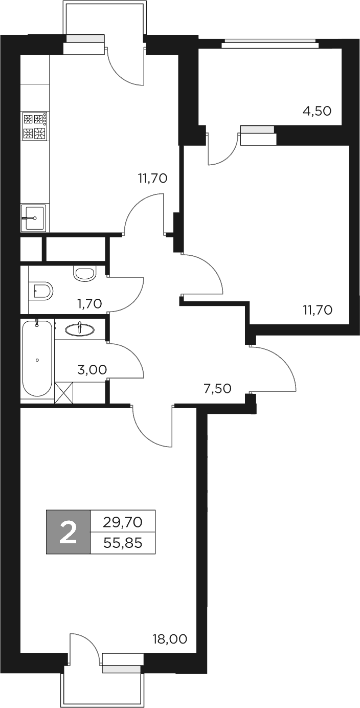 Планировка — Восток 2, 2-комн., 54 м²