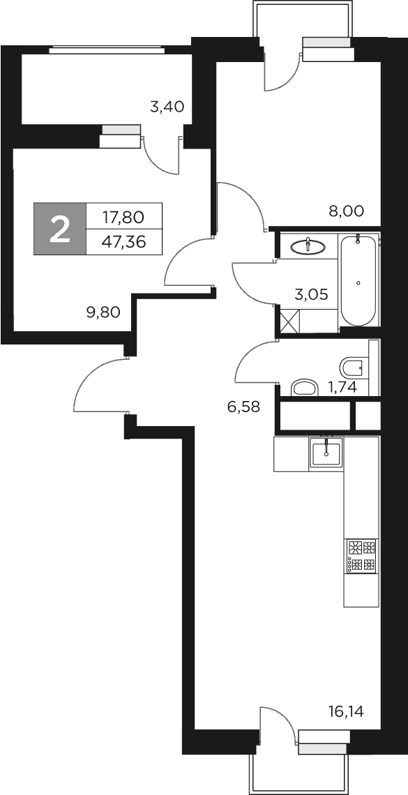 Планировка — Восток 2, 3-комн., 46 м²